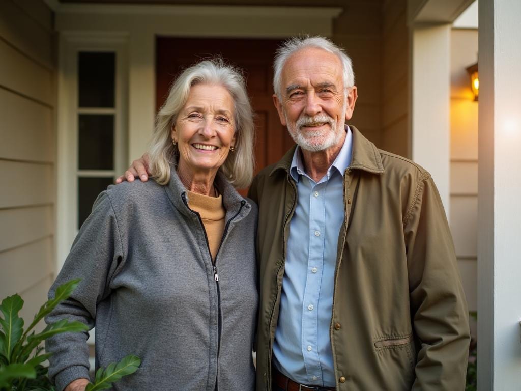 A senior couple sitting on a porch